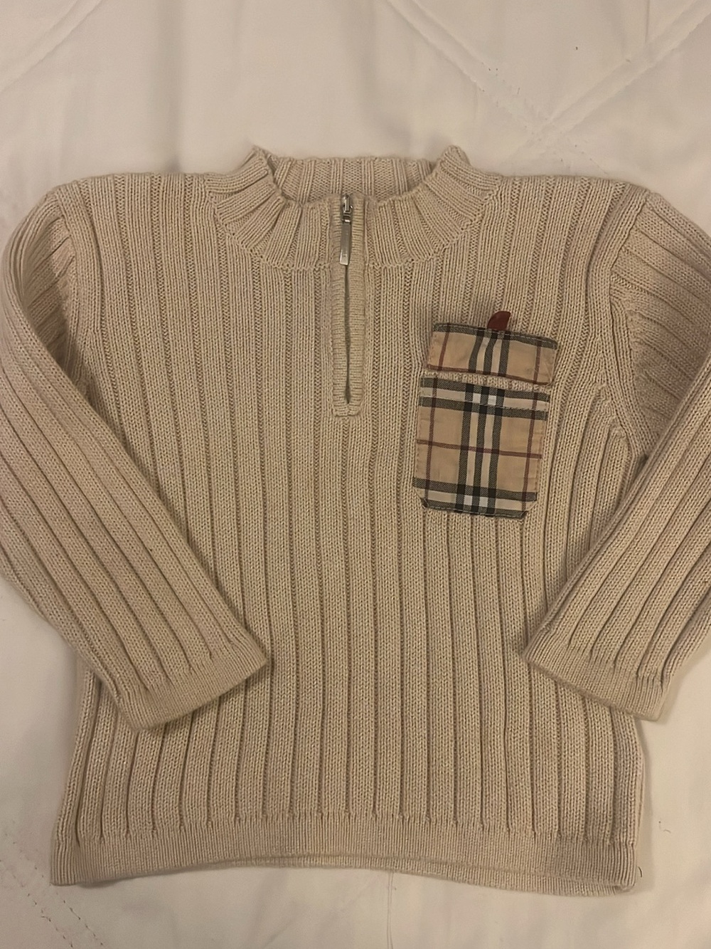 Burberry Cream Ribbed Half-Zip Sweater with Signature Plaid Pocket